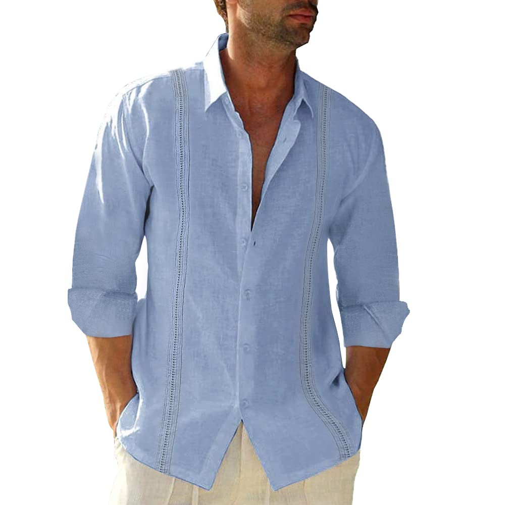 Button Down Linen Shirts for Men Casual Long Sleeve Regular Fit Cotton Beach Shirts with Pocket